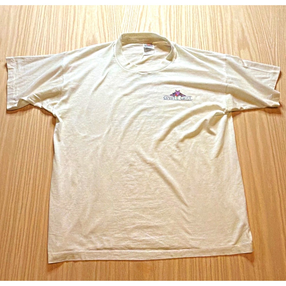 Vintage 90s Coyote Grill T Shirt XL Single Stitch Fruit of the Loom Cream Thin